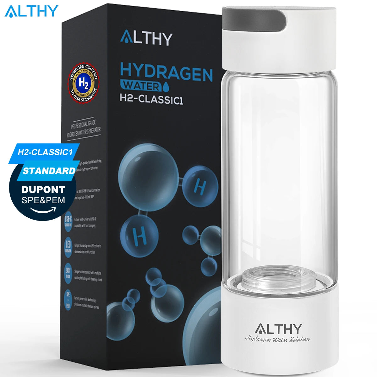 ALTHY Hydrogen Rich Water Generator Bottle - Glass Cupbody - DuPont SPE & PEM Dual Chamber Maker Ionizer - H2 Inhalation Device